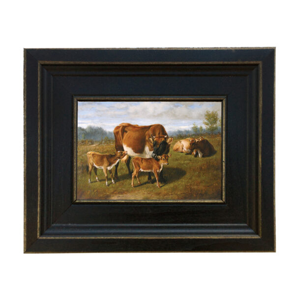 Farm/Pastoral Animals Cows with Calves Framed Oil Painting Reproduction on Canvas in Distressed Black Solid Wood Frame