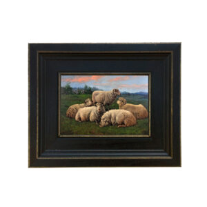 Farm/Pastoral Farm Sheep at Sunrise Oil Painting Reproduction on Canvas in Distressed Black Solid Wood Frame. A 4″ x 6″ framed to 7-1/2″ x 9-1/2″