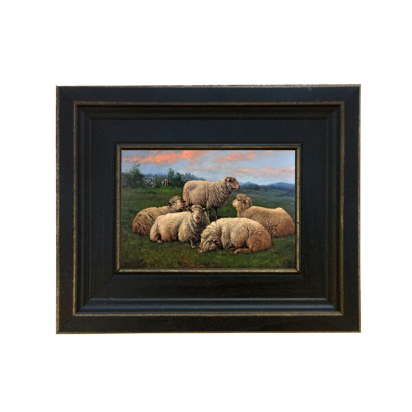 Farm and Pastoral Paintings Farm Sheep at Sunrise Oil Painting Reproduction on Canvas in Distressed Black Solid Wood Frame. A 4″ x 6″ framed to 7-1/2″ x 9-1/2″
