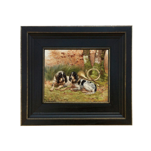 Cabin/Lodge Lodge Bluetick Hounds at Rest by Jules Bertrand Gelibert Framed Oil Painting Print on Canvas in Distressed Black Wood Frame. A 5″ x 6″ framed to 8-1/2″ x 9-1/2″.