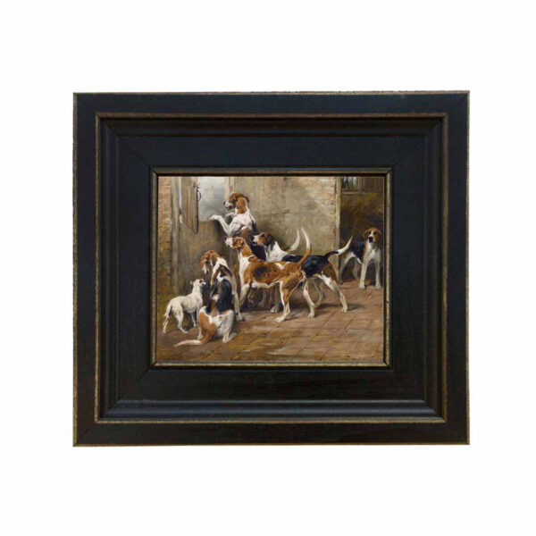 Equestrian Paintings Equestrian Waiting for the Hunt by John Emms Framed Oil Painting Print on Canvas in Distressed Black Wood Frame. A 5″ x 6″ framed to 8-1/2″ x 9-1/2″.