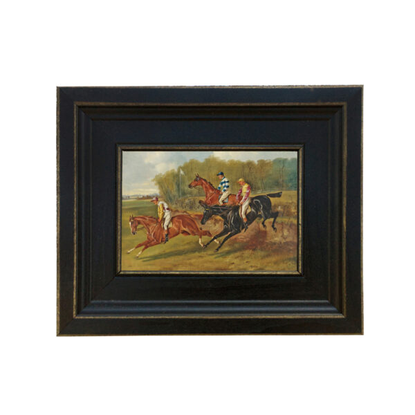Equestrian Paintings Equestrian Steeplechase by Alfred Wheeler Framed Oil Painting Print on Canvas in Distressed Black Wood Frame. A 4×6″ framed to 7-1/2″ x 9-1/2″.