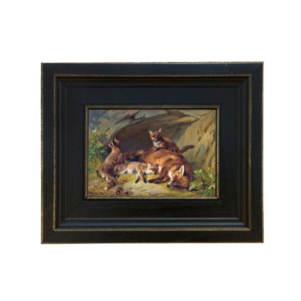 Equestrian Paintings Equestrian Vixen and Cubs by Benno Raffael Framed Oil Painting Print on Canvas in Distressed Black Wood Frame. A 4×6″ framed to 7-1/2″ x 9-1/2″.