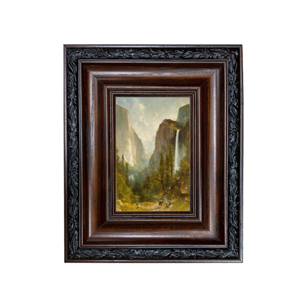 Sporting and Lodge Paintings Bridal Veil Falls Yosemite by Thomas Hill Oil Painting Print Reproduction on Canvas in Brown/Black Solid Oak Frame. A 4″ x 6″ framed to 8-1/2″ x 10-1/2″.