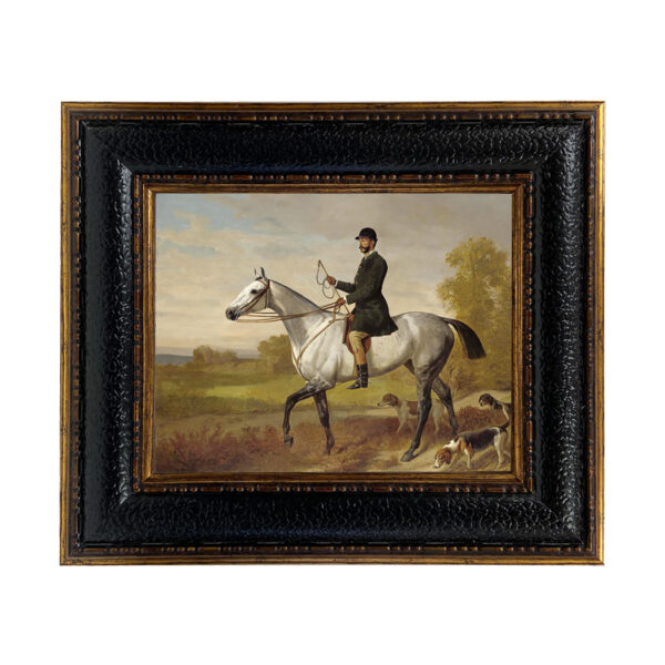 Equestrian Paintings Equestrian A Huntsman with Horse and Hounds by Adam Emil Framed Oil Painting Print on Canvas in Leather-Look Black and Antiqued Gold Frame. Framed to 12-3/4″ x 14-3/4″