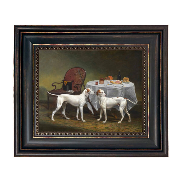Cabin/Lodge Animals English Pointers Hunting Dogs Framed Oil Painting Print on Canvas in Distressed Black Frame with Bead Accent. An 8″ x 10″ framed to 11-3/4″ x 13-3/4″.