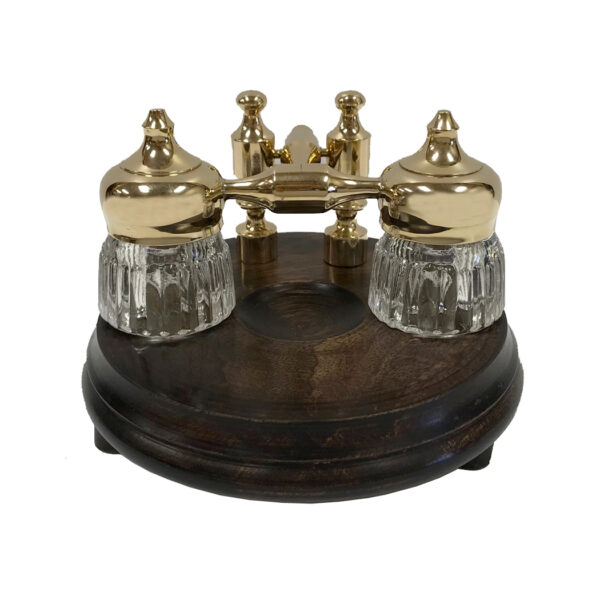 Inkwells Writing Wood and Polished Solid Brass Dual Inkwell Stand- Antique Vintage Style