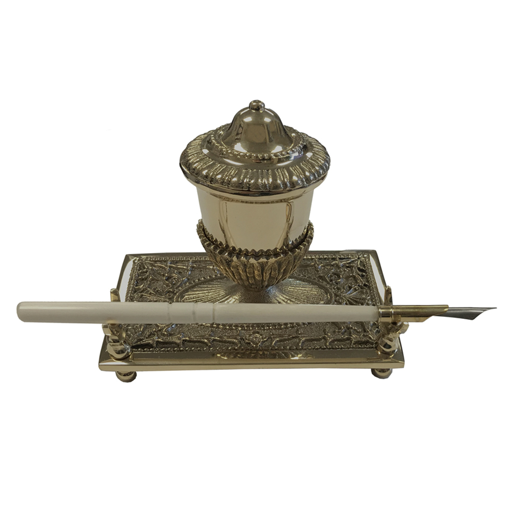 5 Brass Inkwell Pen Holder with Bone Nib Pen and Ink Powder- Antique  Vintage Style