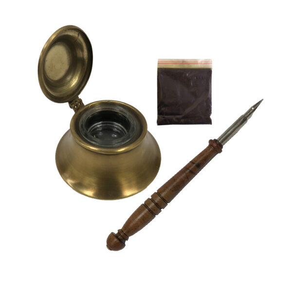 Pens and Inkwells Writing 3″ Antiqued Brass Inkwell with Removable Glass Bowl –  Wood Nib Pen –  and Ink Powder
