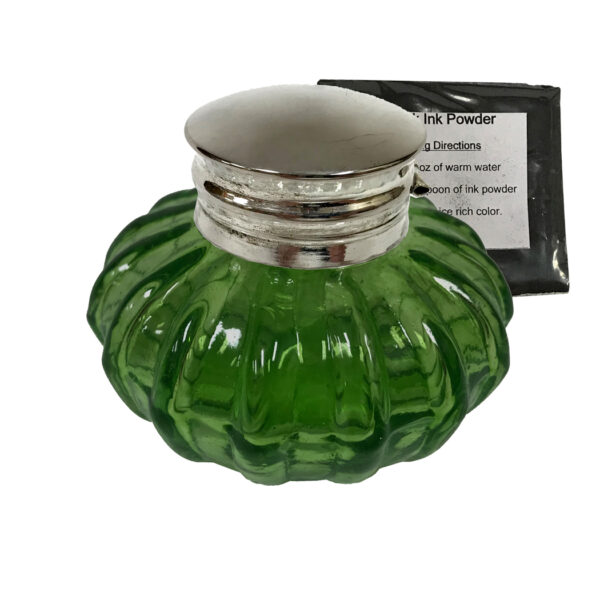 Pens and Inkwells Writing 3″ Green Swirl Thick Glass Inkwell with Ink- Antique Vintage Style