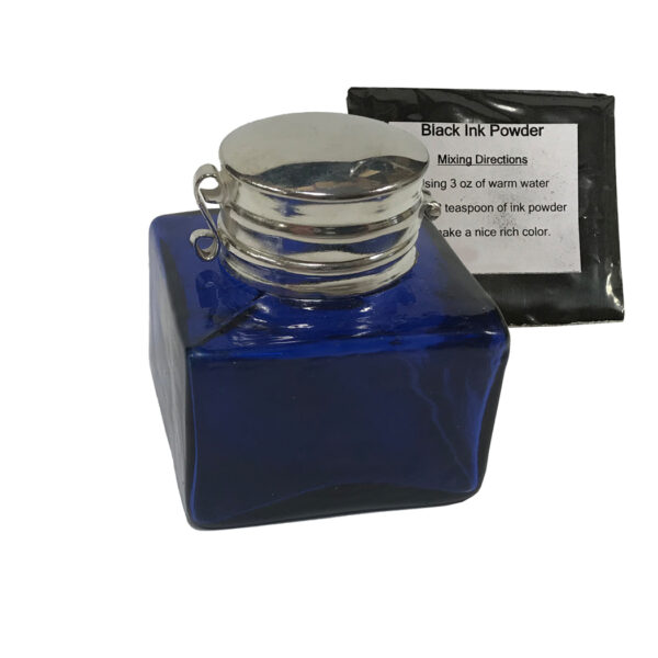 Pens and Inkwells Writing 1-3/8″ Square Cobalt Blue Glass Inkwell Antique Reproduction with Ink Powder