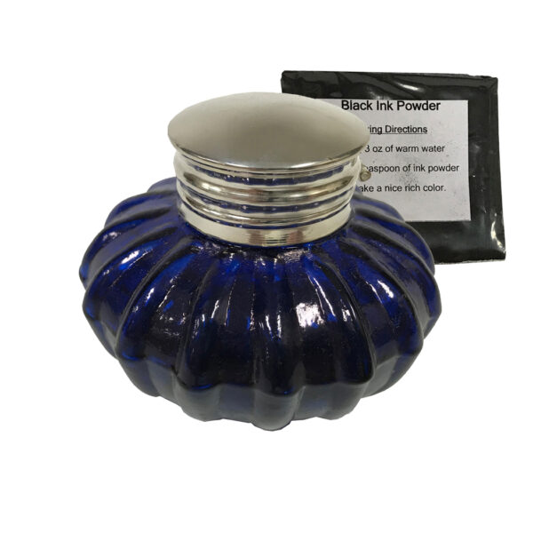Pens and Inkwells Writing 3″ Cobalt Blue Swirl Thick Glass Inkwell with Ink- Antique Reproduction