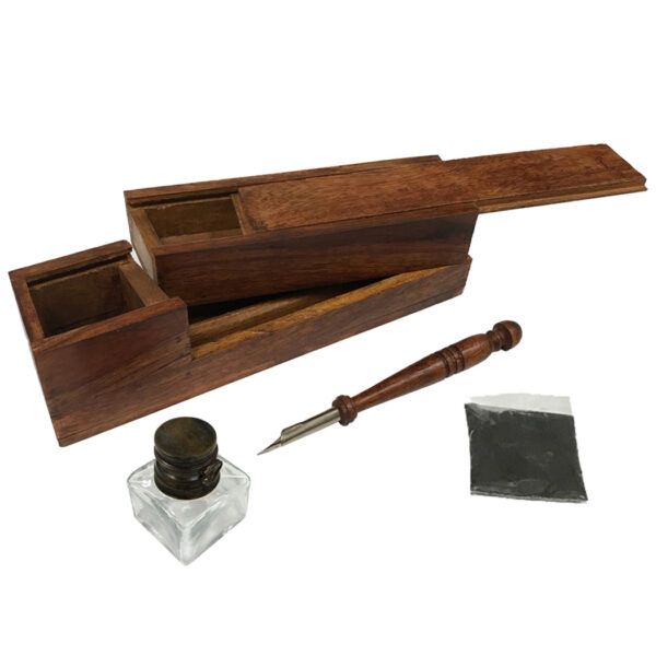 Writing Boxes Writing 10″ Colonial Distressed Wood Traveling Writing Box with Clear Glass Inkwell –  Black Ink Powder and Wood Nib Pen