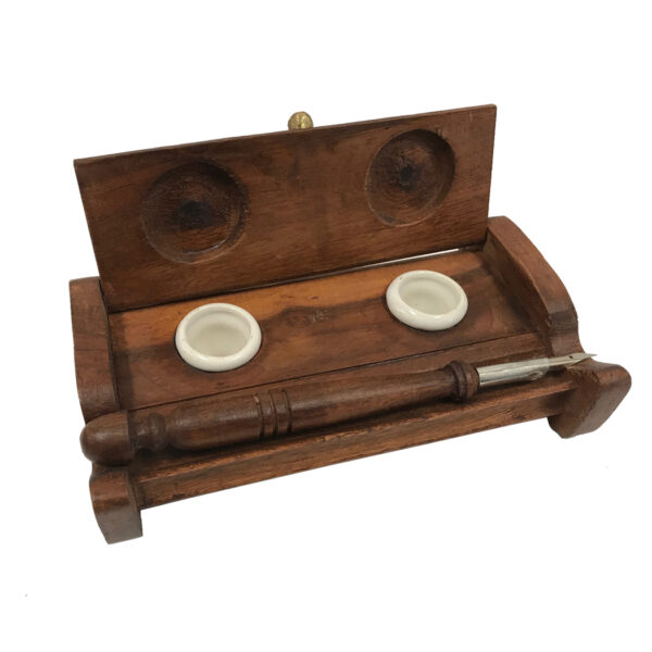 Pens and Inkwells Writing 7″ Wood Inkwell Stand with Two Clay Inkwells and Wood Nib Pen- Colonial Reproduction Antique Vintage Style