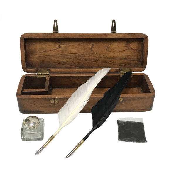 Writing Boxes & Travel Trunks Writing 12″ Colonial Reproduction Wood Quill Pen Box with Clear Glass Inkwell –  Two Feather Quills with Nibs and Black Ink Powder