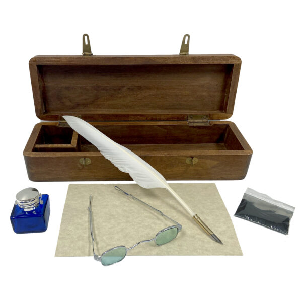 Writing Boxes Writing 12″ Colonial Reproduction Writing Set with Wood Box –  Quills –  Inkwell –  Ink –  Papers and Glasses