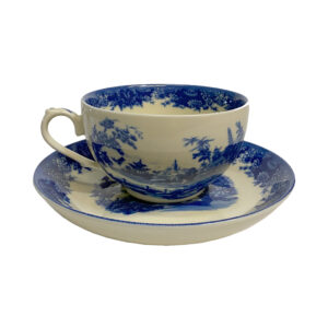 Teaware Teaware Pagoda Blue Transferware Porcelain Tea Cup and Saucer – Antique Reproduction
