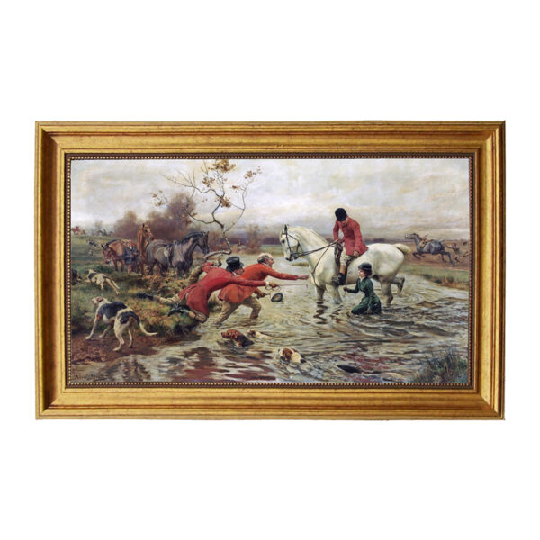 Equestrian/Fox Equestrian In The Creek Framed Equestrian Oil Painting Print on Canvas in Antiqued Gold Frame. A 13″ x 22″ framed to 16-1/2″ x 25-1/2″.