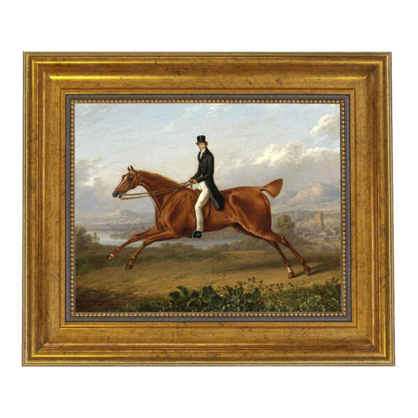 Equestrian Paintings Equestrian Gentleman on a Galloping Chestnut Horse Oil Painting Print on Canvas in Antiqued Gold Frame. An 8″ x 10″ Framed to 11-1/2″ x 13-1/2″.