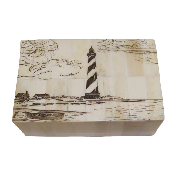 Scrimshaw Boxes Nautical 5-1/4″ Cape Hatteras Lighthouse Engraved Scrimshaw Bone Box- Antique Vintage Style