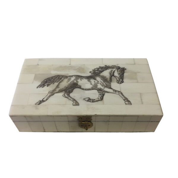 Scrimshaw/Horn & Bone Boxes Equestrian 6-1/4″ Horse Equestrian Engraved Bone Box- Antique Reproduction
