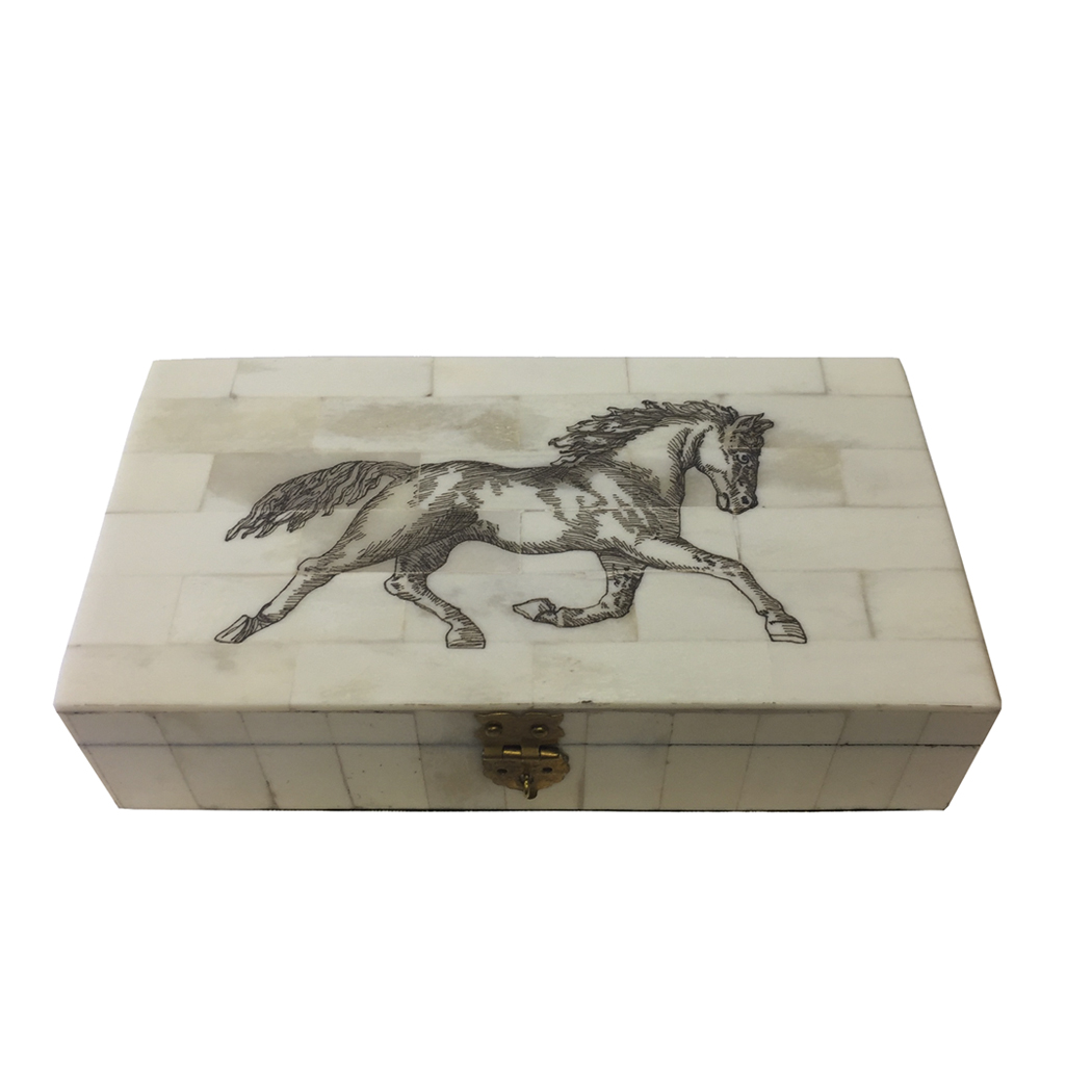 Scrimshaw/Horn & Bone Boxes Equestrian 6-1/4″ Horse Equestrian Engraved Bone Box- Antique Reproduction Scrimshaw/Horn & Bone Boxes Equestrian 6-1/4″ Horse Equestrian Engraved Bone Box- Antique Reproduction