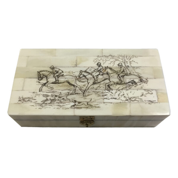 Scrimshaw Boxes Equestrian 6-1/4″ Fox Hunting Engraved Scrimshaw Bone Box- Antique Reproduction