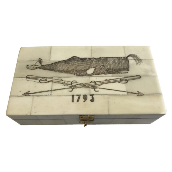 Scrimshaw/Horn & Bone Boxes Nautical 6-1/4″ Whale and Harpoons 1712 Engraved Scrimshaw Bone Box- Antique Reproduction
