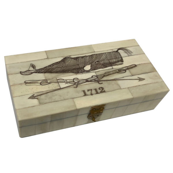 Scrimshaw Boxes Nautical 6-1/4″ Whale and Harpoons 1712 Engraved Scrimshaw Bone Box- Antique Reproduction