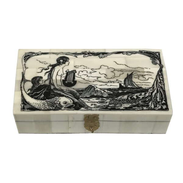 Scrimshaw Boxes Nautical 6-1/4″ Mermaid with Harp Engraved Bone Box with Hinged Lid- Antique Reproduction
