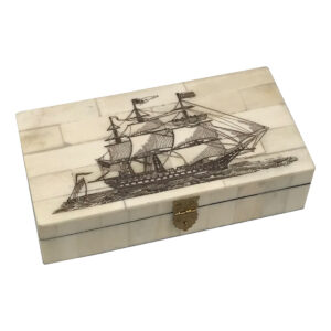 Scrimshaw/Horn & Bone Boxes Nautical 6-1/4″ Ship of the Line Engraved Scrimshaw Bone Box- Antique Reproduction