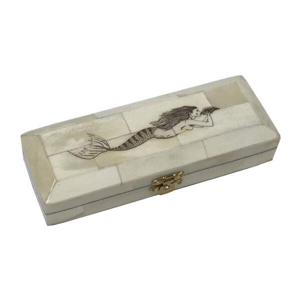 Scrimshaw/Horn & Bone Boxes Nautical 6-1/2″ Mermaid Engraved Scrimshaw Postage Stamp Bone Box with Brass Hinges and Clasp- Antique Vintage Style