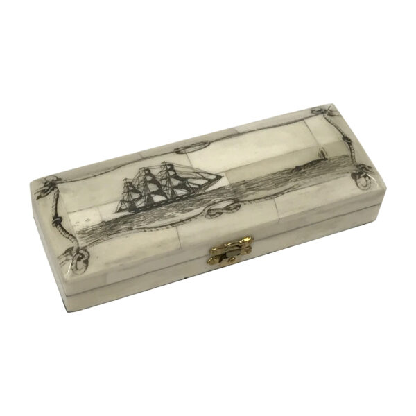 Scrimshaw Boxes Nautical New Voyage Explorer Ship Engraved Scrimshaw Ox Bone Postage Stamp Box- Antique Reproduction –  6-1/2″ x 2-1/4″ x 1-1/4″