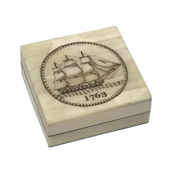 Scrimshaw/Horn & Bone Boxes Nautical 1763 Ship Engraved Scrimshaw Ox Bone Compass Box with Inlaid Brass Compass Antique Reproduction –  3″ x 3″ x 1-1/8″