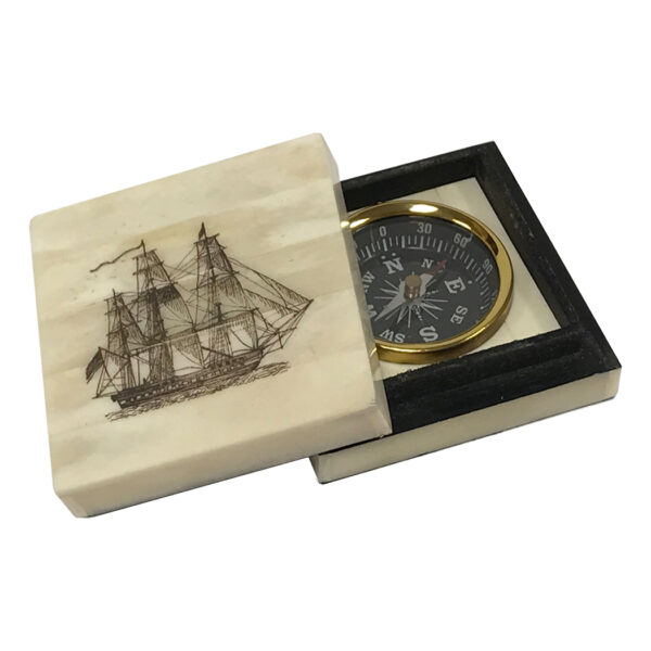 Scrimshaw/Horn & Bone Boxes Nautical American Frigate Engraved Scrimshaw Ox Bone Compass Box with Inlaid Brass Compass- Antique Reproduction