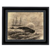 Nautical Nautical Pursuit of the Sperm Whale Etching Framed Print Behind Glass in Black Wood Frame