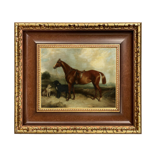 Equestrian Paintings Chestnut Horse with Two Dogs Oil Painting Print on Canvas in Brown and Antiqued Gold Frame