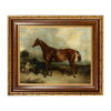 Equestrian Paintings Chestnut Horse with Two Dogs Oil Painting Print on Canvas in Brown and Antiqued Gold Frame