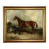 Equestrian/Fox Dogs Chestnut Horse with Two Dogs Oil Painting Print on Canvas in Antiqued Gold Frame
