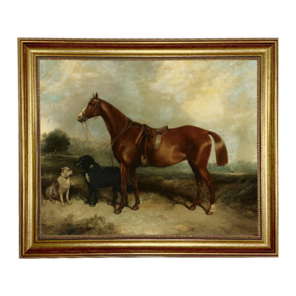 Equestrian/Fox Dogs Chestnut Horse with Two Dogs Oil Painting Print on Canvas