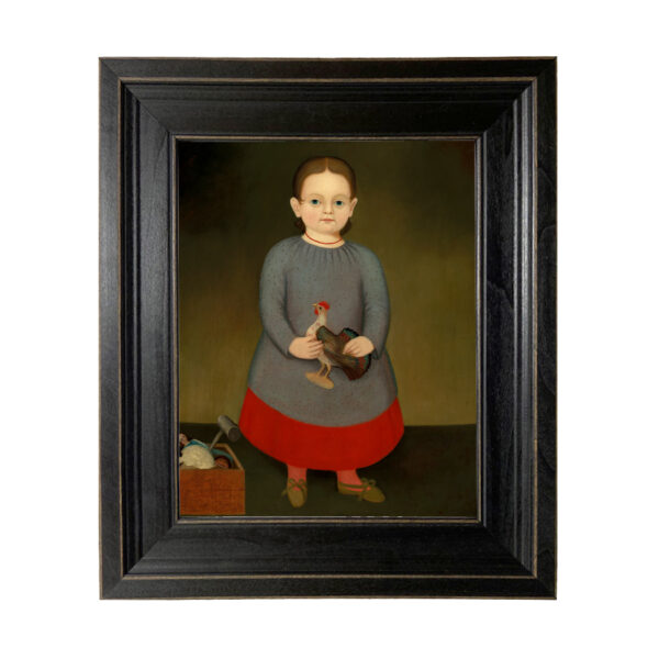 Portrait and Primitive Paintings Primitive Child with Toy Rooster Framed Oil Painting Print on Canvas in Distressed Black Wood Frame