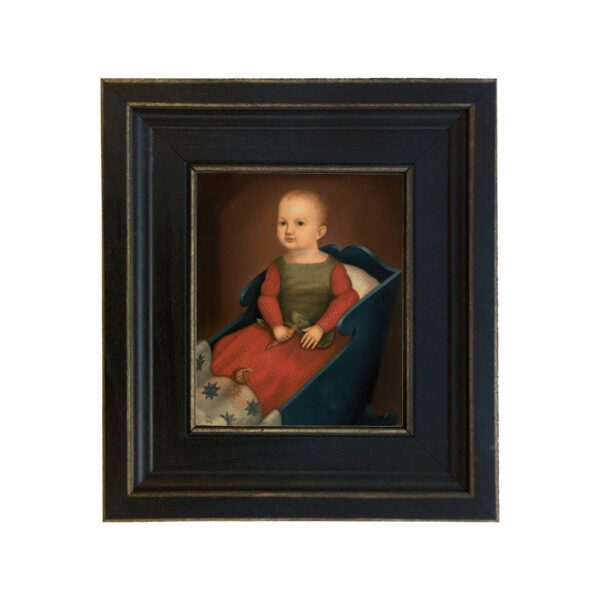 Painting Prints on Canvas Children Primitive Baby in Cradle Framed Oil Painting Print on Canvas in Distressed Black Wood Frame
