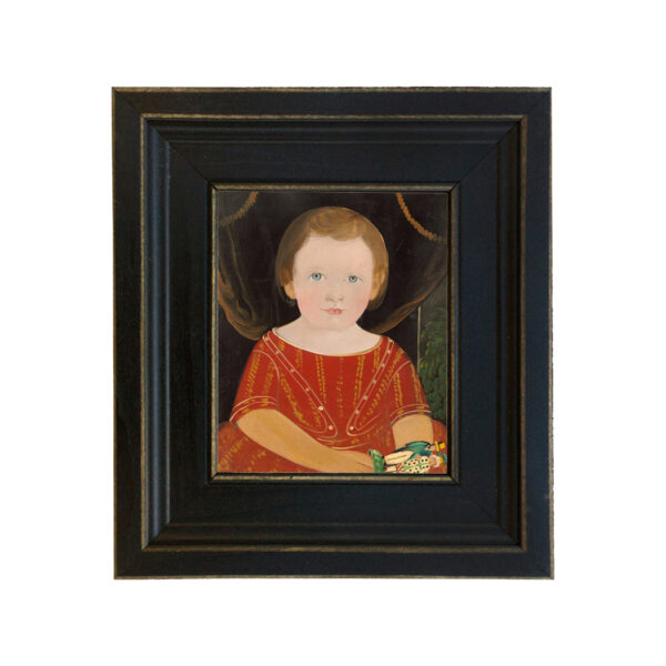 Painting Prints on Canvas Children Primitive Boy in Red with Toy Framed Oil Painting Print on Canvas in Distressed Black Wood Frame
