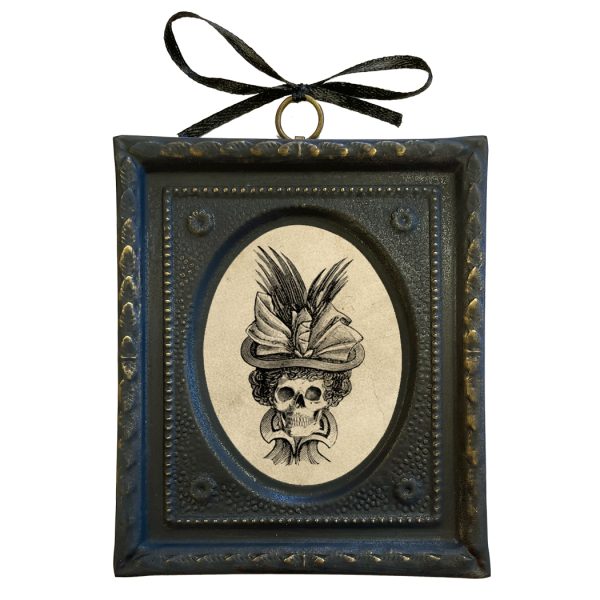 Halloween Dark Academia 4-1/2″ Gentleman & Lady Skull Print Set in Embossed Black and Brass Frame- Antique Vintage Style