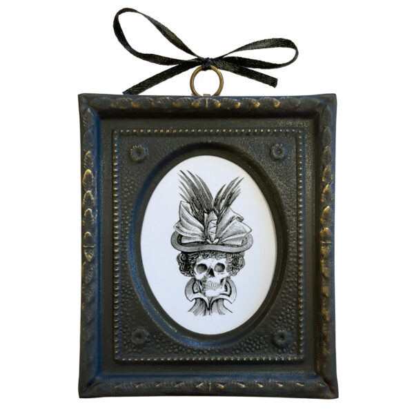 Halloween Halloween 4-1/2″ Gentleman & Lady Skull Print Set in Embossed Black and Brass Frame- Antique Vintage Style