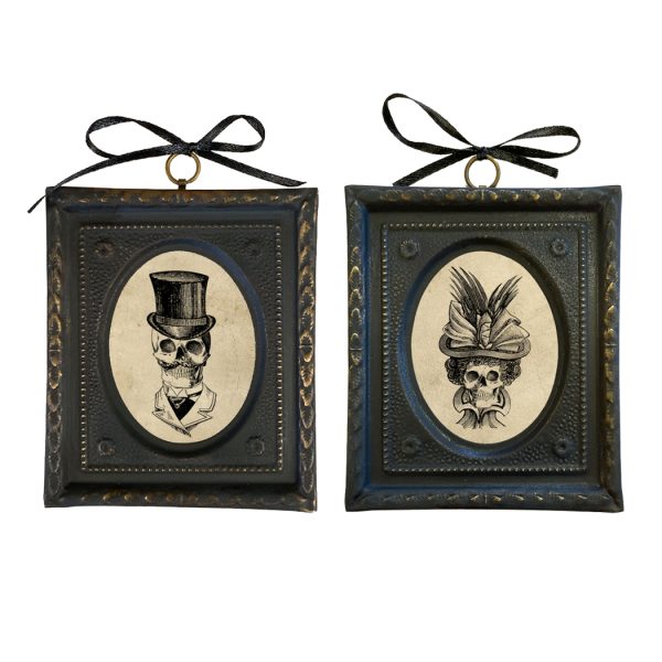 Halloween Dark Academia 4-1/2″ Gentleman & Lady Skull Print Set in Embossed Black and Brass Frame- Antique Vintage Style