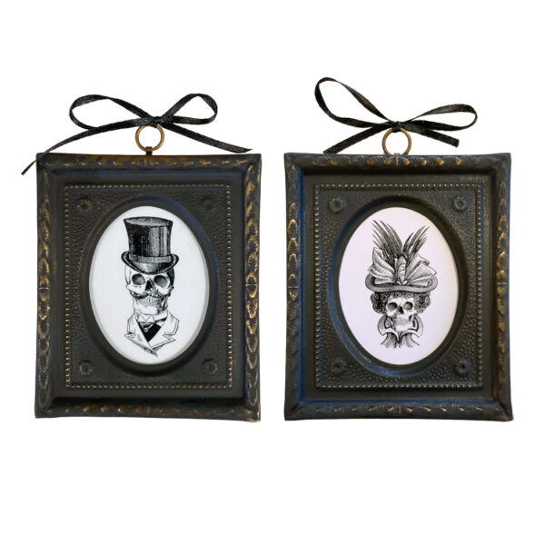 Prints Halloween 4-1/2″ Gentleman & Lady Skull Print Set in Embossed Black and Brass Frame- Antique Vintage Style