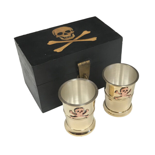 Home Decor Pirate Engraved Pirate Jolly Roger Flag Wood Box with Pair of Shot Cups- Antique Vintage Style