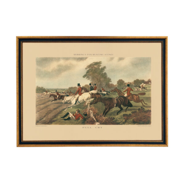 Equestrian Equestrian J.F. Herring “Full Cry” Fox Hunting Scene (cir. 1867) Print Behind Glass in Black and Gold Wood Frame- 15-1/2″ x 21-1/2″