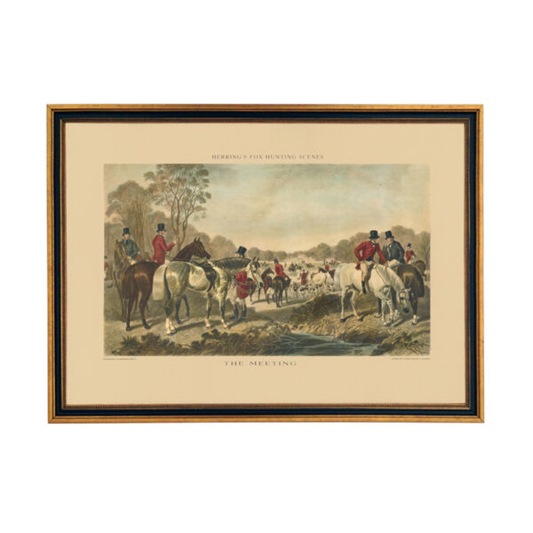 Prints Equestrian J.F. Herring “The Meeting” Fox Hunting Scene (cir. 1867) Print Behind Glass in Black and Gold Wood Frame- 15-1/2″ x 21-1/2″